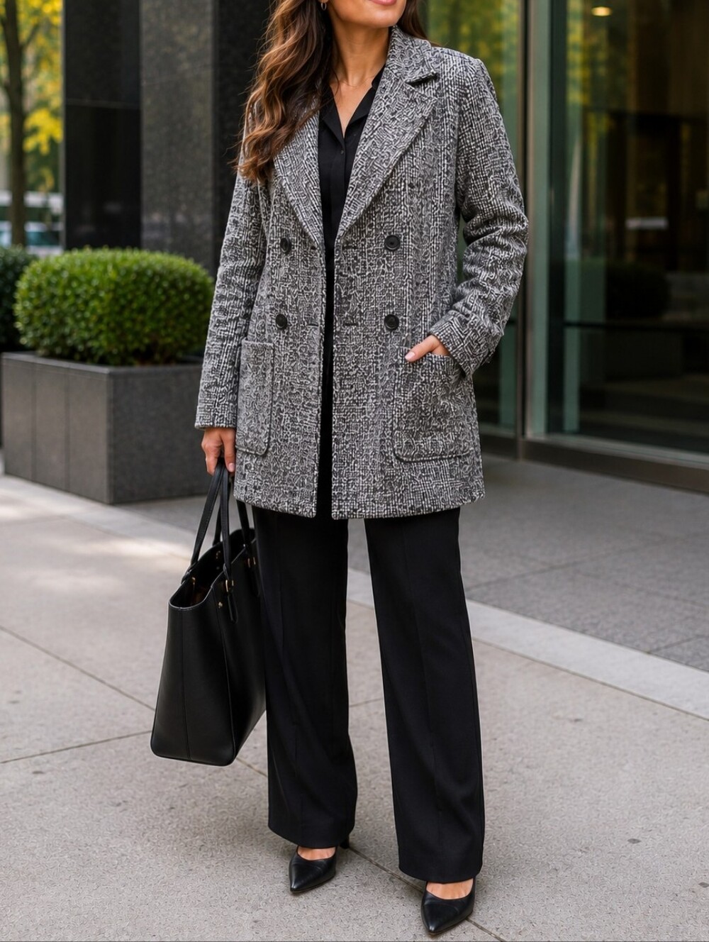 Cabi Black White Marled Double-Breasted Coat Jacket | Classic Tailored Peacoat